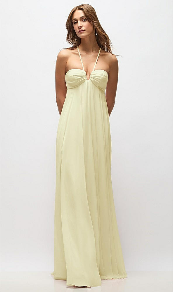 Back View - Butter Yellow Empire Waist Chiffon Halter Maxi Dress with Convertible Spaghetti Straps