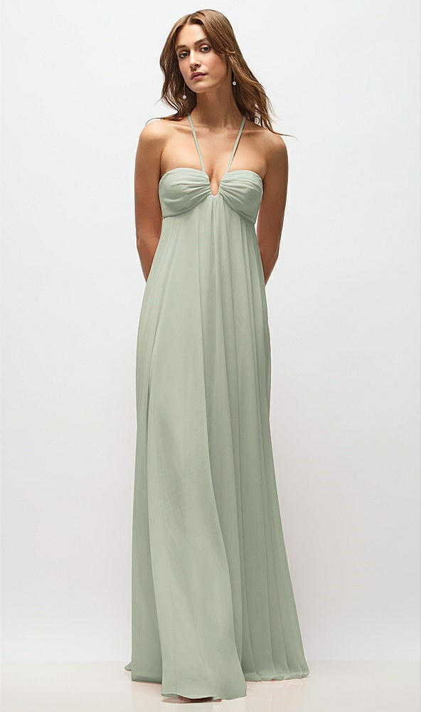 Back View - Celadon Empire Waist Chiffon Halter Maxi Dress with Convertible Spaghetti Straps