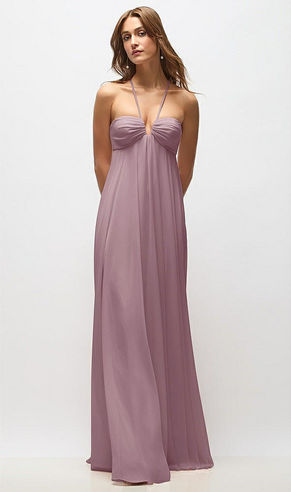 Back View - Dusty Rose Empire Waist Chiffon Halter Maxi Dress with Convertible Spaghetti Straps