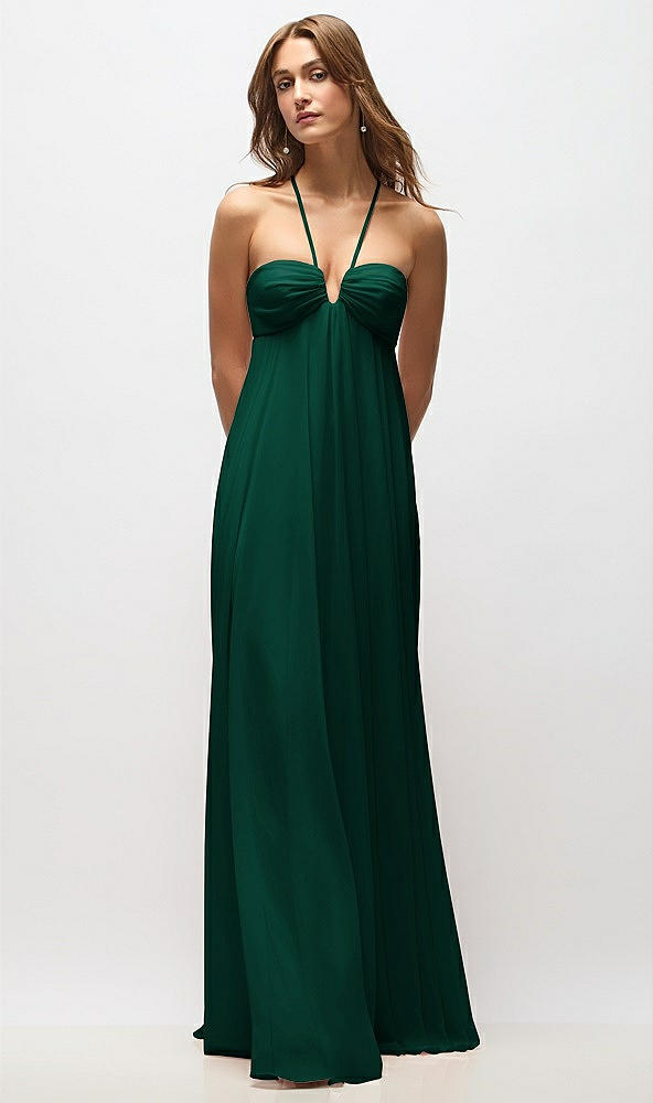 Back View - Hunter Green Empire Waist Chiffon Halter Maxi Dress with Convertible Spaghetti Straps
