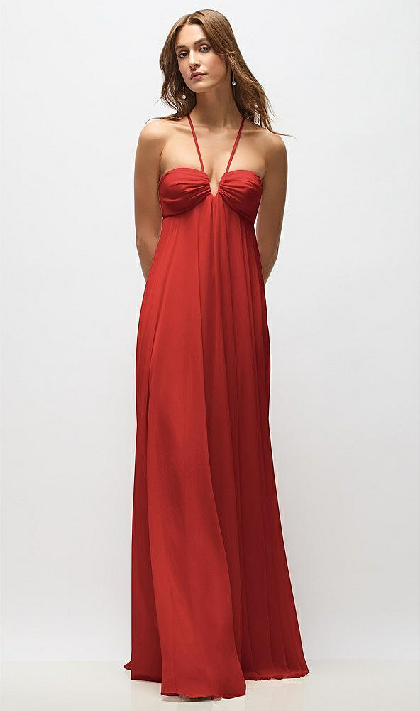 Back View - Poppy Red Empire Waist Chiffon Halter Maxi Dress with Convertible Spaghetti Straps