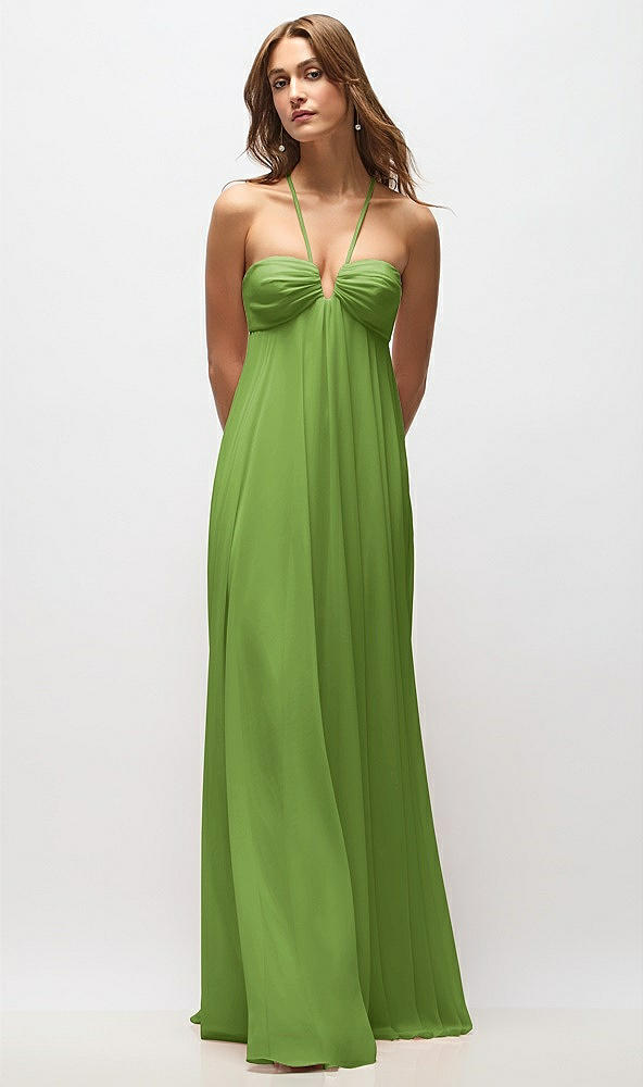 Back View - Peridot Green Empire Waist Chiffon Halter Maxi Dress with Convertible Spaghetti Straps
