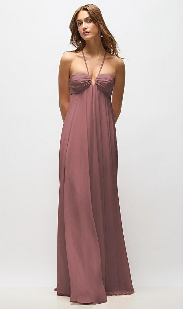 Back View - Rosewood Empire Waist Chiffon Halter Maxi Dress with Convertible Spaghetti Straps