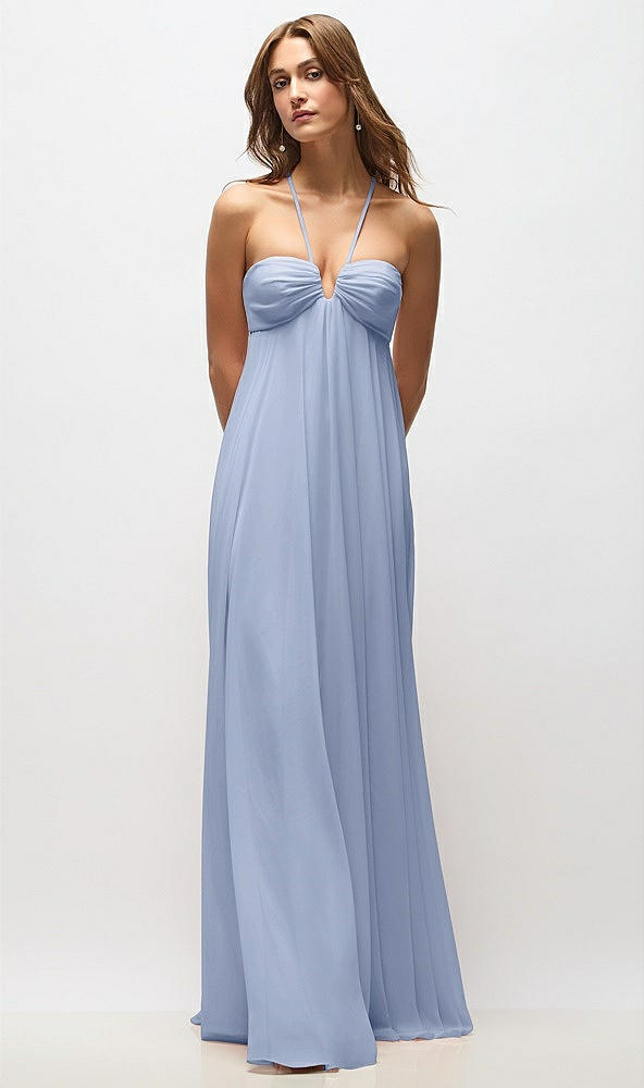 Back View - Sky Blue Empire Waist Chiffon Halter Maxi Dress with Convertible Spaghetti Straps