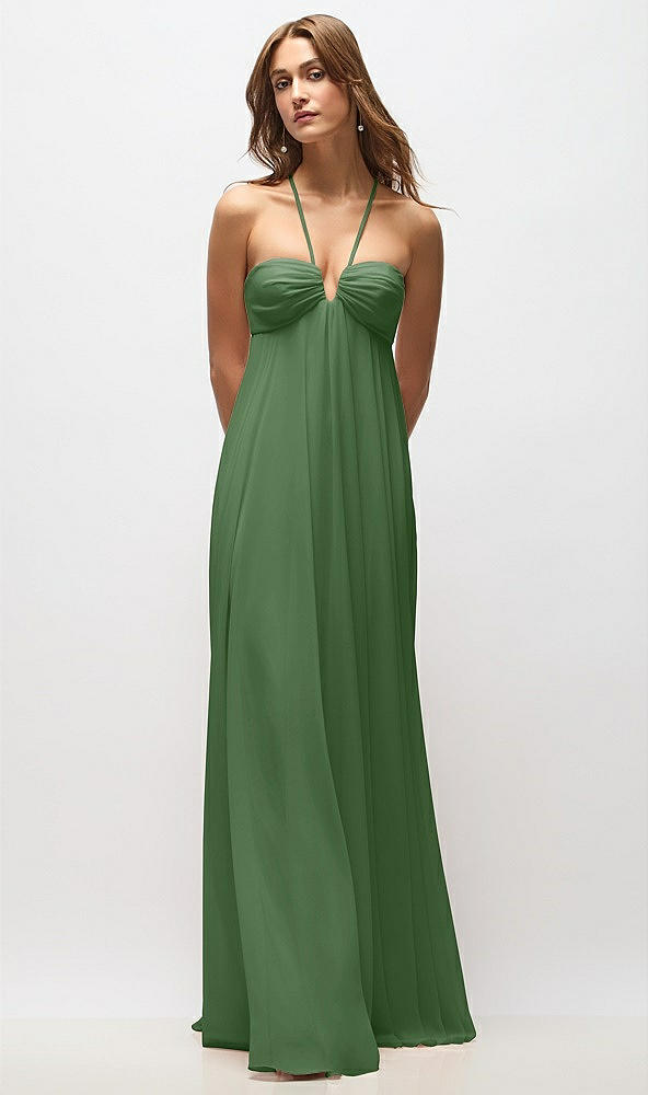 Back View - Vineyard Green Empire Waist Chiffon Halter Maxi Dress with Convertible Spaghetti Straps