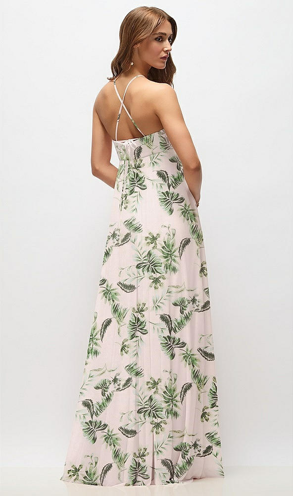 Back View - Palm Beach Print Empire Waist Floral Chiffon Halter Maxi Dress with Convertible Spaghetti Straps