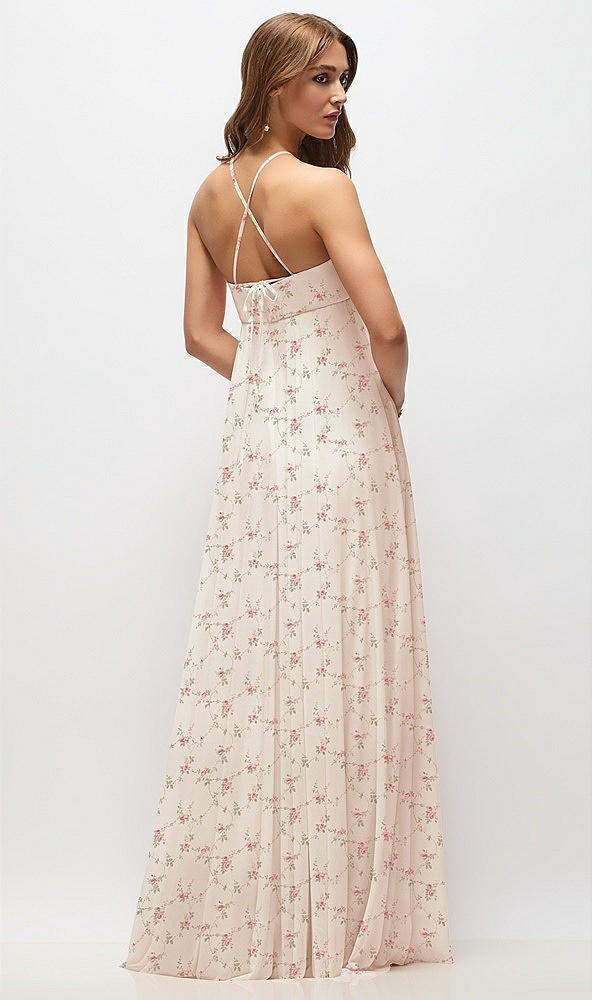 Back View - Coquette Floral Print Empire Waist Floral Chiffon Halter Maxi Dress with Convertible Spaghetti Straps