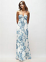 Front View Thumbnail - Cottage Rose Dusk Blue Empire Waist Floral Chiffon Halter Maxi Dress with Convertible Spaghetti Straps