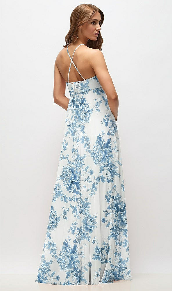 Back View - Cottage Rose Dusk Blue Empire Waist Floral Chiffon Halter Maxi Dress with Convertible Spaghetti Straps