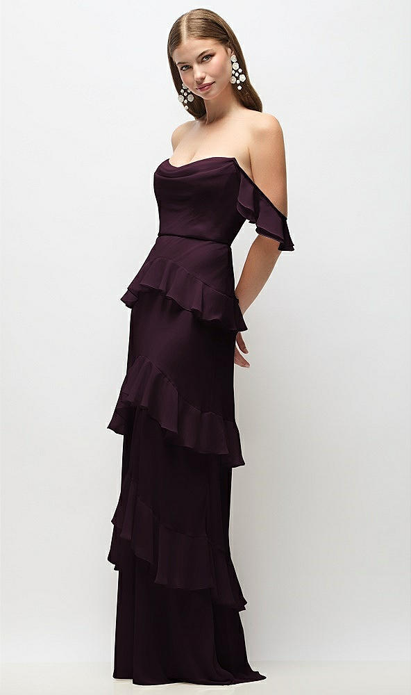 Front View - Deep Plum Off-the-Shoulder Cowl Chiffon Tiered Ruffle Maxi Dress with Convertible Ruffle Straps