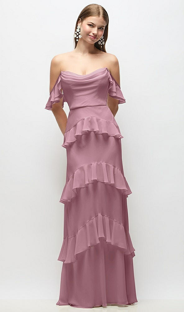 Back View - Dusty Pink Off-the-Shoulder Cowl Chiffon Tiered Ruffle Maxi Dress with Convertible Ruffle Straps