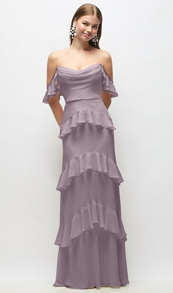 Back View - Lilac Dusk Off-the-Shoulder Cowl Chiffon Tiered Ruffle Maxi Dress with Convertible Ruffle Straps