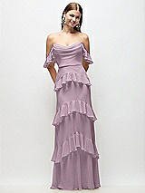 Rear View Thumbnail - Suede Rose Off-the-Shoulder Cowl Chiffon Tiered Ruffle Maxi Dress with Convertible Ruffle Straps