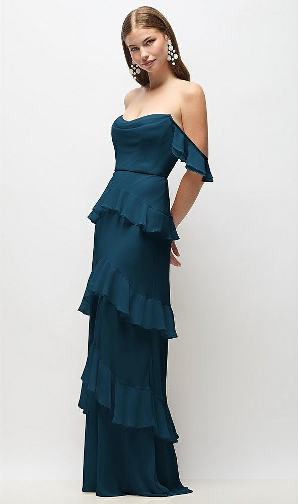 Front View - Atlantic Blue Off-the-Shoulder Cowl Chiffon Tiered Ruffle Maxi Dress with Convertible Ruffle Straps