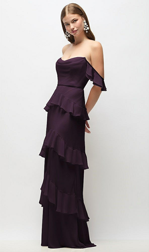 Front View - Aubergine Off-the-Shoulder Cowl Chiffon Tiered Ruffle Maxi Dress with Convertible Ruffle Straps