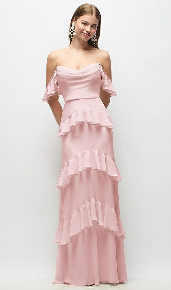 Back View - Ballet Pink Off-the-Shoulder Cowl Chiffon Tiered Ruffle Maxi Dress with Convertible Ruffle Straps