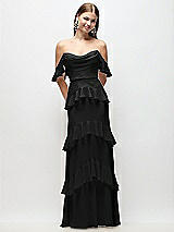 Rear View Thumbnail - Black Off-the-Shoulder Cowl Chiffon Tiered Ruffle Maxi Dress with Convertible Ruffle Straps