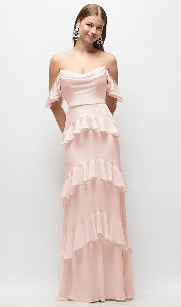 Back View - Blush Off-the-Shoulder Cowl Chiffon Tiered Ruffle Maxi Dress with Convertible Ruffle Straps