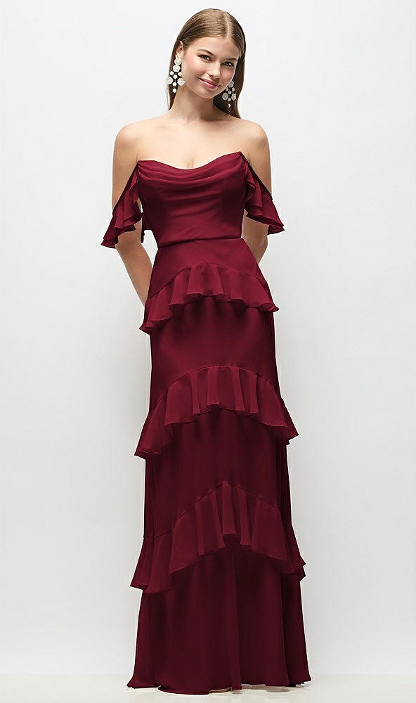 Back View - Burgundy Off-the-Shoulder Cowl Chiffon Tiered Ruffle Maxi Dress with Convertible Ruffle Straps