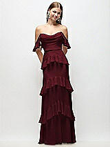 Rear View Thumbnail - Cabernet Off-the-Shoulder Cowl Chiffon Tiered Ruffle Maxi Dress with Convertible Ruffle Straps