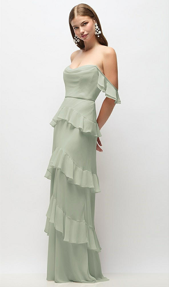 Front View - Celadon Off-the-Shoulder Cowl Chiffon Tiered Ruffle Maxi Dress with Convertible Ruffle Straps