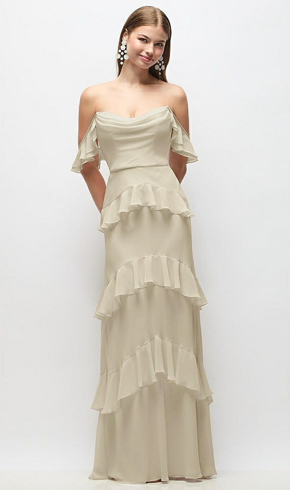 Back View - Champagne Off-the-Shoulder Cowl Chiffon Tiered Ruffle Maxi Dress with Convertible Ruffle Straps