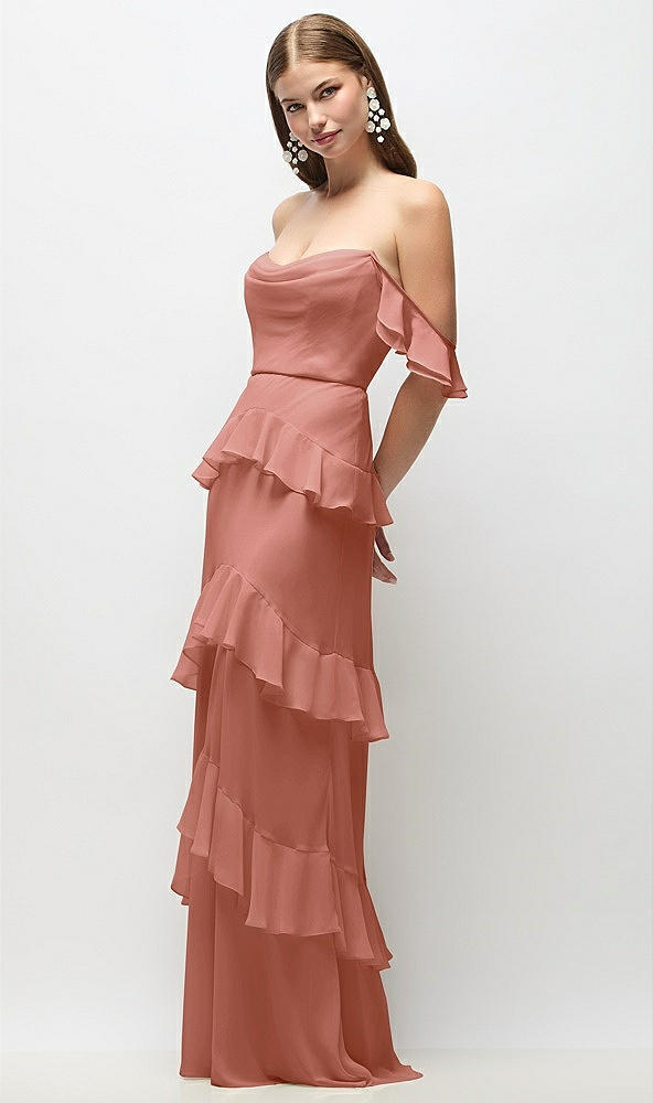 Front View - Desert Rose Off-the-Shoulder Cowl Chiffon Tiered Ruffle Maxi Dress with Convertible Ruffle Straps