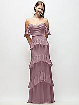 Rear View Thumbnail - Dusty Rose Off-the-Shoulder Cowl Chiffon Tiered Ruffle Maxi Dress with Convertible Ruffle Straps