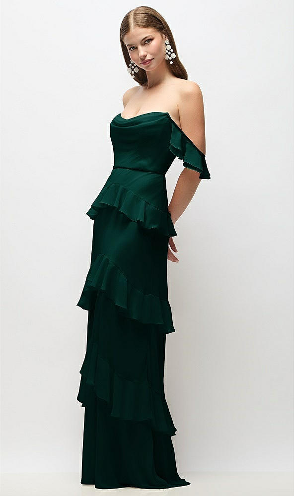 Front View - Evergreen Off-the-Shoulder Cowl Chiffon Tiered Ruffle Maxi Dress with Convertible Ruffle Straps