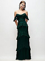 Rear View Thumbnail - Evergreen Off-the-Shoulder Cowl Chiffon Tiered Ruffle Maxi Dress with Convertible Ruffle Straps