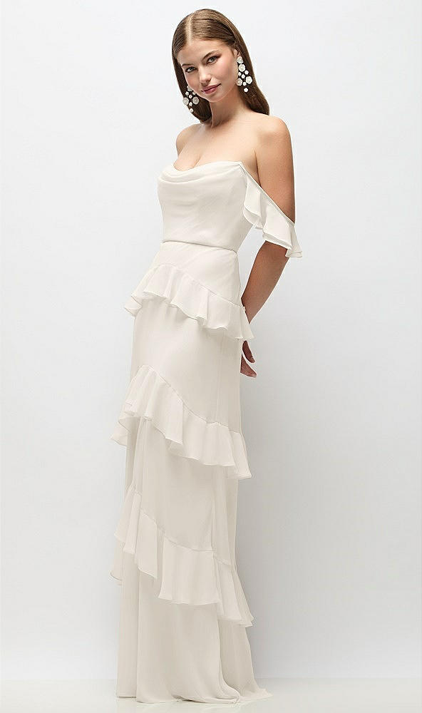 Front View - Ivory Off-the-Shoulder Cowl Chiffon Tiered Ruffle Maxi Dress with Convertible Ruffle Straps
