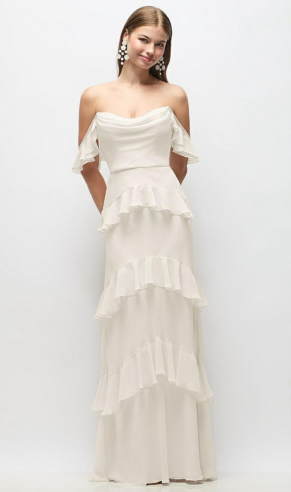 Back View - Ivory Off-the-Shoulder Cowl Chiffon Tiered Ruffle Maxi Dress with Convertible Ruffle Straps