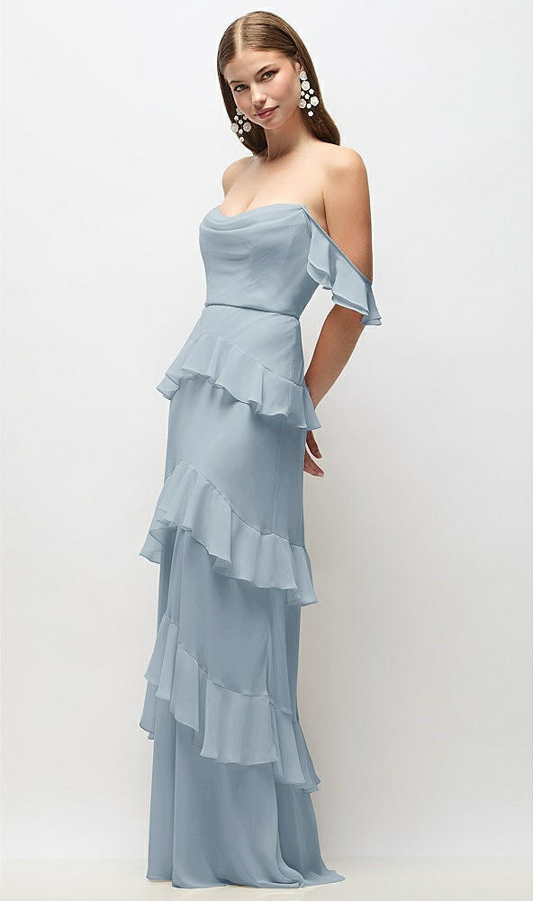 Front View - Mist Off-the-Shoulder Cowl Chiffon Tiered Ruffle Maxi Dress with Convertible Ruffle Straps