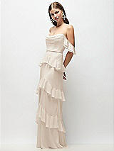 Front View Thumbnail - Oat Off-the-Shoulder Cowl Chiffon Tiered Ruffle Maxi Dress with Convertible Ruffle Straps