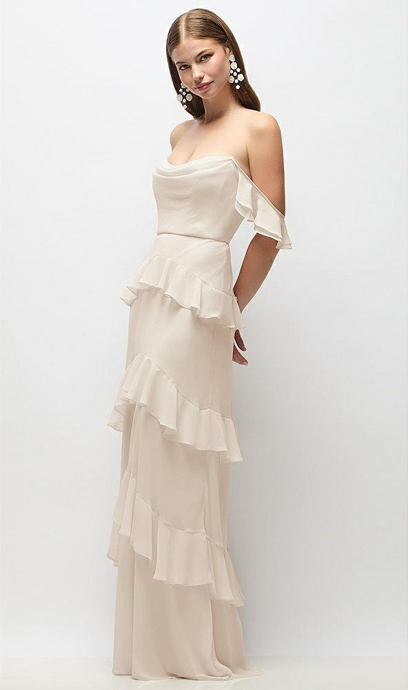 Front View - Oat Off-the-Shoulder Cowl Chiffon Tiered Ruffle Maxi Dress with Convertible Ruffle Straps