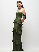 Front View Thumbnail - Olive Green Off-the-Shoulder Cowl Chiffon Tiered Ruffle Maxi Dress with Convertible Ruffle Straps
