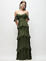 Rear View Thumbnail - Olive Green Off-the-Shoulder Cowl Chiffon Tiered Ruffle Maxi Dress with Convertible Ruffle Straps
