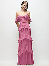 Rear View Thumbnail - Orchid Pink Off-the-Shoulder Cowl Chiffon Tiered Ruffle Maxi Dress with Convertible Ruffle Straps