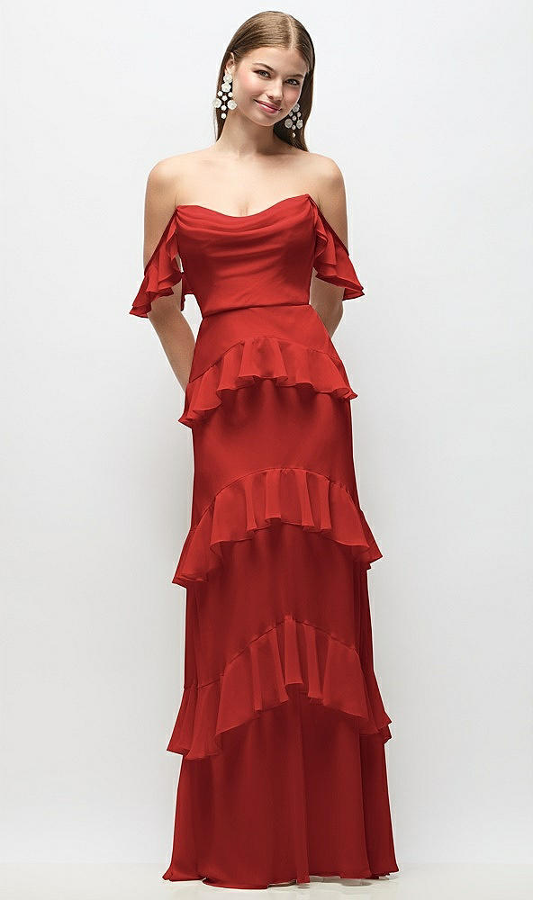 Back View - Poppy Red Off-the-Shoulder Cowl Chiffon Tiered Ruffle Maxi Dress with Convertible Ruffle Straps