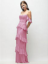 Front View Thumbnail - Powder Pink Off-the-Shoulder Cowl Chiffon Tiered Ruffle Maxi Dress with Convertible Ruffle Straps