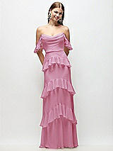 Rear View Thumbnail - Powder Pink Off-the-Shoulder Cowl Chiffon Tiered Ruffle Maxi Dress with Convertible Ruffle Straps