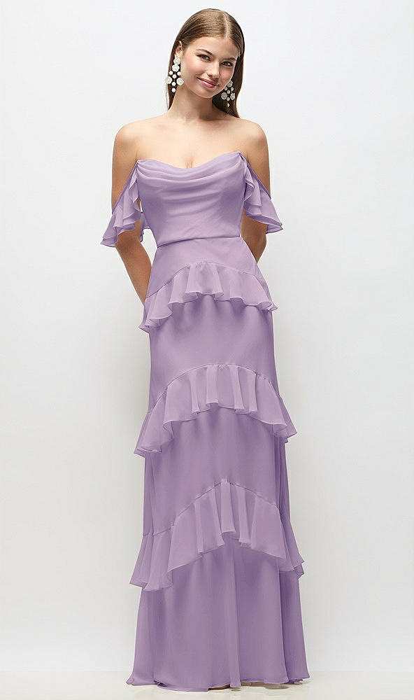 Back View - Pale Purple Off-the-Shoulder Cowl Chiffon Tiered Ruffle Maxi Dress with Convertible Ruffle Straps