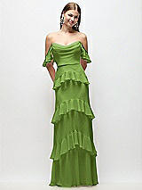 Rear View Thumbnail - Peridot Green Off-the-Shoulder Cowl Chiffon Tiered Ruffle Maxi Dress with Convertible Ruffle Straps