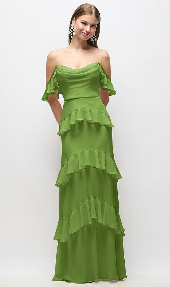 Back View - Peridot Green Off-the-Shoulder Cowl Chiffon Tiered Ruffle Maxi Dress with Convertible Ruffle Straps