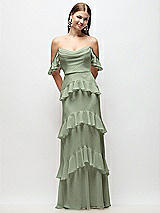 Rear View Thumbnail - Sage Off-the-Shoulder Cowl Chiffon Tiered Ruffle Maxi Dress with Convertible Ruffle Straps