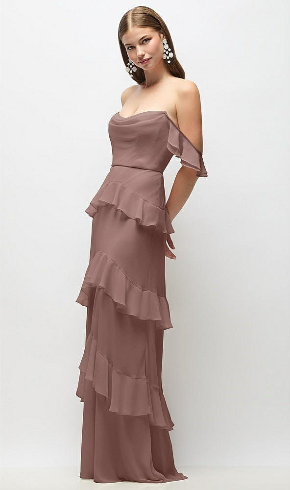 Front View - Sienna Off-the-Shoulder Cowl Chiffon Tiered Ruffle Maxi Dress with Convertible Ruffle Straps