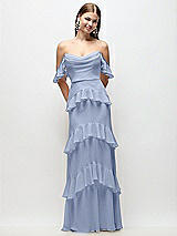 Rear View Thumbnail - Sky Blue Off-the-Shoulder Cowl Chiffon Tiered Ruffle Maxi Dress with Convertible Ruffle Straps