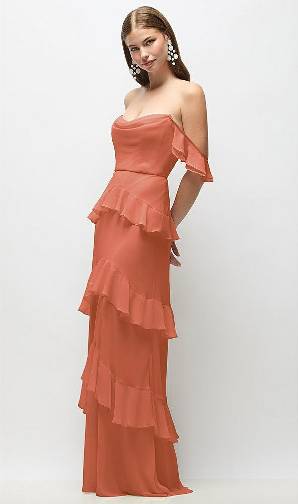 Front View - Terracotta Copper Off-the-Shoulder Cowl Chiffon Tiered Ruffle Maxi Dress with Convertible Ruffle Straps