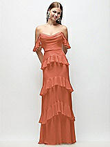 Rear View Thumbnail - Terracotta Copper Off-the-Shoulder Cowl Chiffon Tiered Ruffle Maxi Dress with Convertible Ruffle Straps