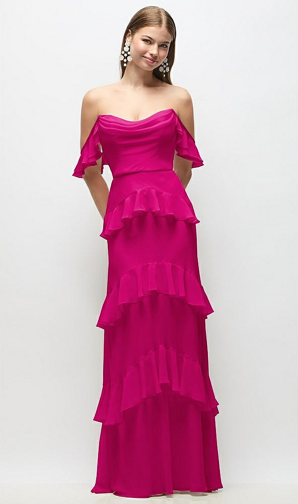 Back View - Think Pink Off-the-Shoulder Cowl Chiffon Tiered Ruffle Maxi Dress with Convertible Ruffle Straps
